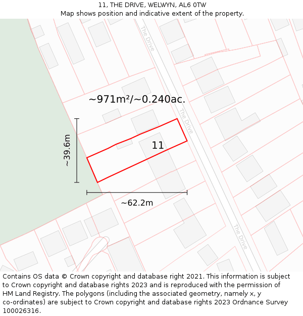 11, THE DRIVE, WELWYN, AL6 0TW: Plot and title map