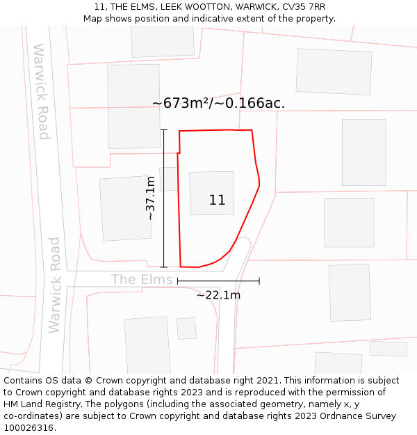 11, THE ELMS, LEEK WOOTTON, WARWICK, CV35 7RR: Plot and title map