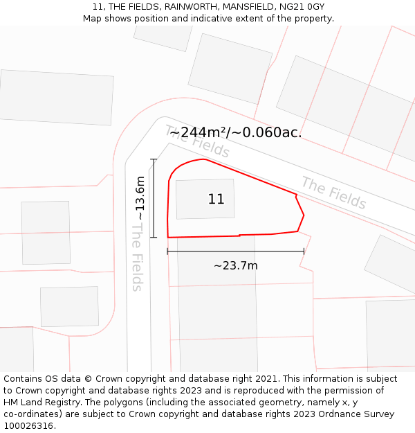 11, THE FIELDS, RAINWORTH, MANSFIELD, NG21 0GY: Plot and title map