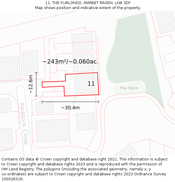 11, THE FURLONGS, MARKET RASEN, LN8 3DF: Plot and title map