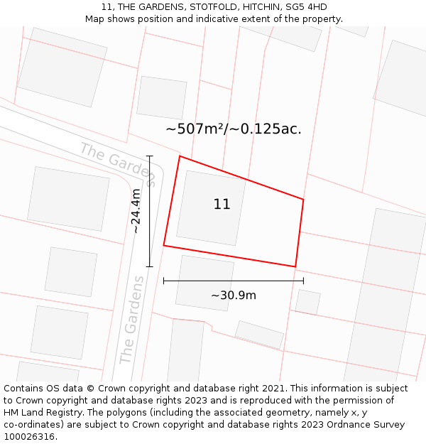 11, THE GARDENS, STOTFOLD, HITCHIN, SG5 4HD: Plot and title map
