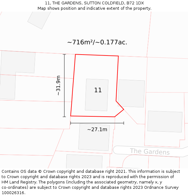 11, THE GARDENS, SUTTON COLDFIELD, B72 1DX: Plot and title map