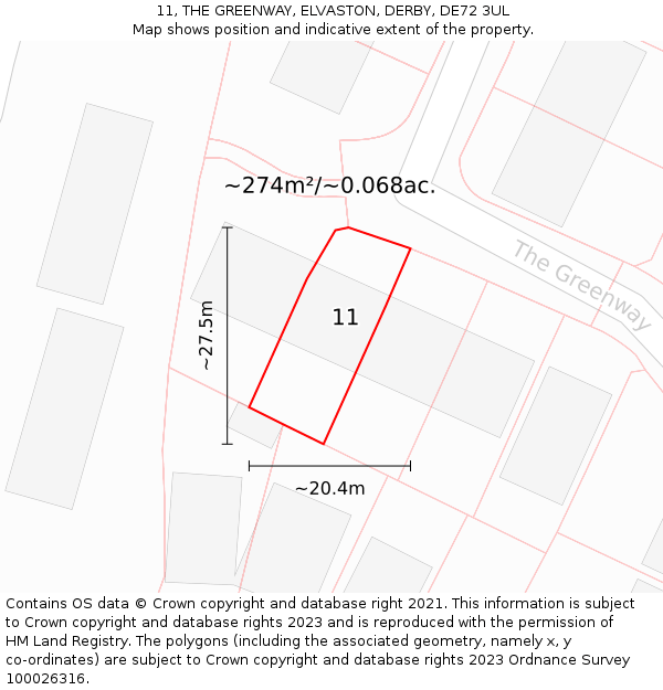 11, THE GREENWAY, ELVASTON, DERBY, DE72 3UL: Plot and title map