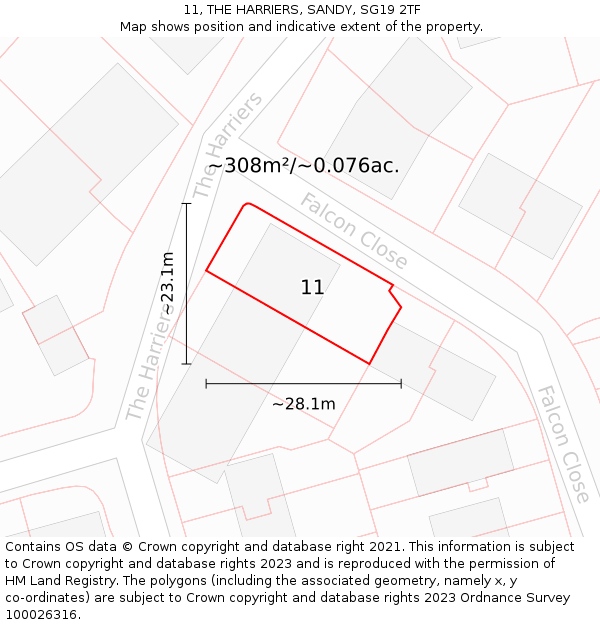 11, THE HARRIERS, SANDY, SG19 2TF: Plot and title map