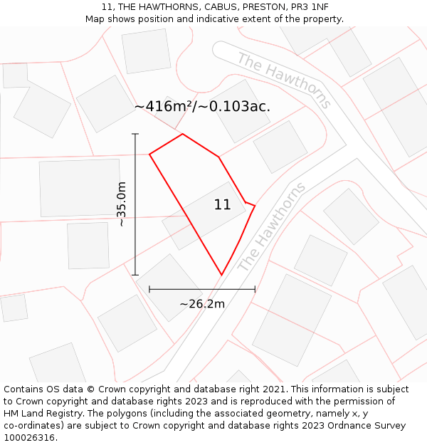 11, THE HAWTHORNS, CABUS, PRESTON, PR3 1NF: Plot and title map