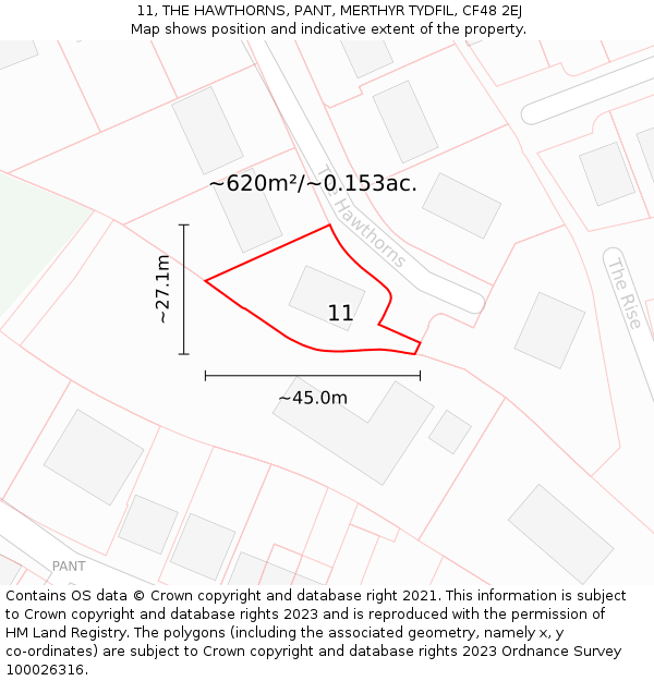 11, THE HAWTHORNS, PANT, MERTHYR TYDFIL, CF48 2EJ: Plot and title map