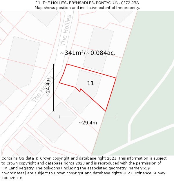 11, THE HOLLIES, BRYNSADLER, PONTYCLUN, CF72 9BA: Plot and title map
