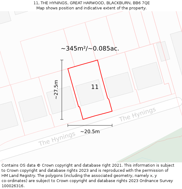11, THE HYNINGS, GREAT HARWOOD, BLACKBURN, BB6 7QE: Plot and title map