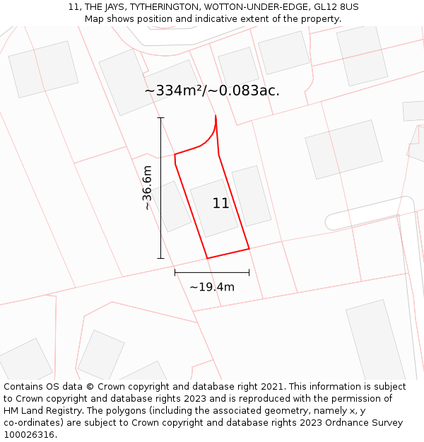 11, THE JAYS, TYTHERINGTON, WOTTON-UNDER-EDGE, GL12 8US: Plot and title map