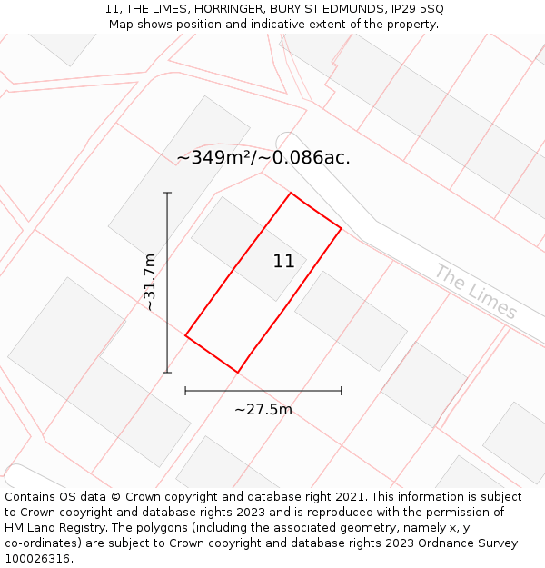 11, THE LIMES, HORRINGER, BURY ST EDMUNDS, IP29 5SQ: Plot and title map