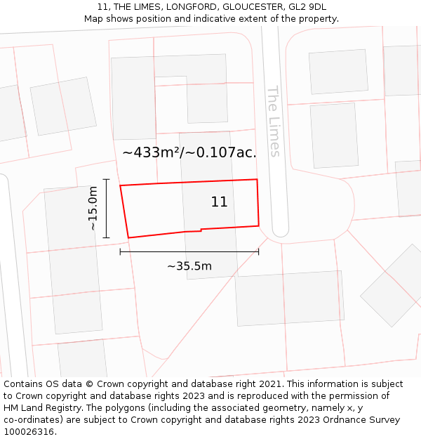 11, THE LIMES, LONGFORD, GLOUCESTER, GL2 9DL: Plot and title map