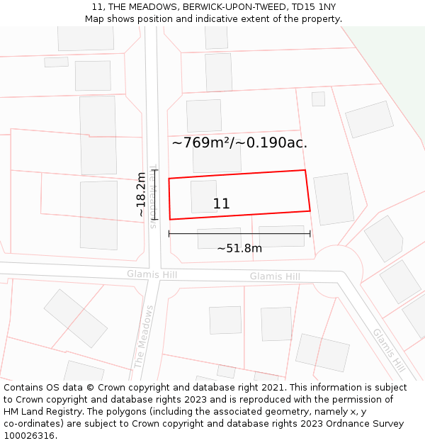 11, THE MEADOWS, BERWICK-UPON-TWEED, TD15 1NY: Plot and title map
