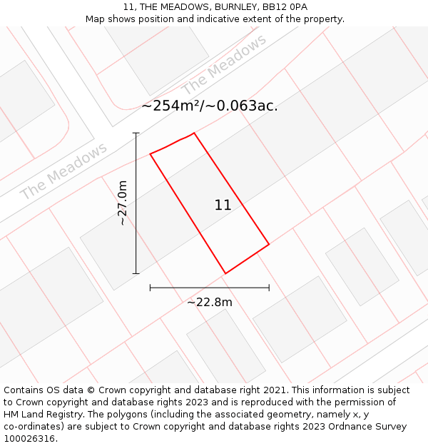 11, THE MEADOWS, BURNLEY, BB12 0PA: Plot and title map