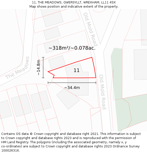 11, THE MEADOWS, GWERSYLLT, WREXHAM, LL11 4SX: Plot and title map