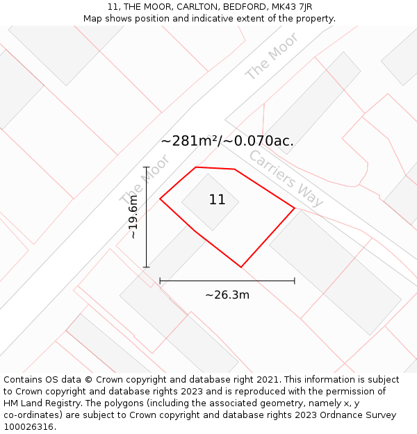 11, THE MOOR, CARLTON, BEDFORD, MK43 7JR: Plot and title map