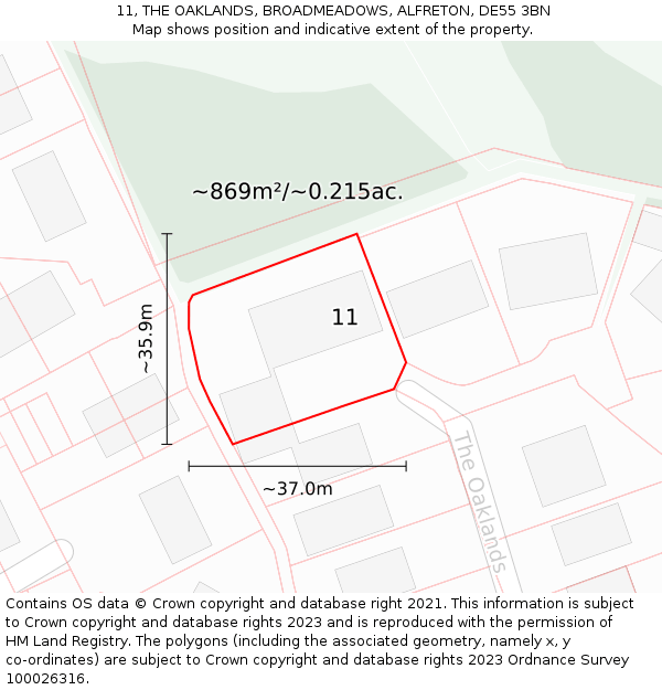 11, THE OAKLANDS, BROADMEADOWS, ALFRETON, DE55 3BN: Plot and title map