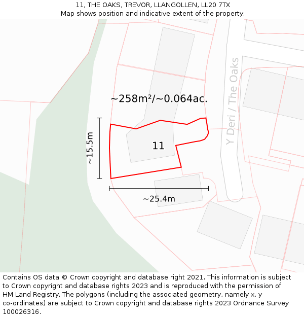11, THE OAKS, TREVOR, LLANGOLLEN, LL20 7TX: Plot and title map