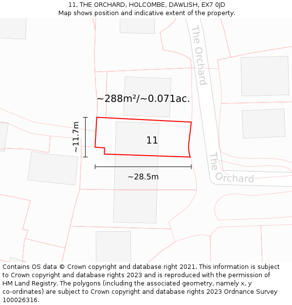 11, THE ORCHARD, HOLCOMBE, DAWLISH, EX7 0JD: Plot and title map