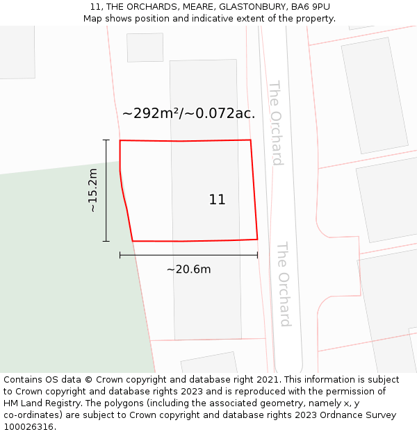 11, THE ORCHARDS, MEARE, GLASTONBURY, BA6 9PU: Plot and title map