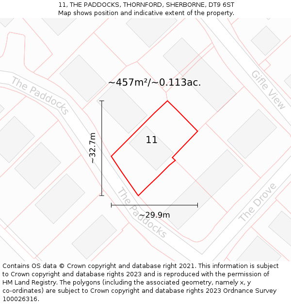 11, THE PADDOCKS, THORNFORD, SHERBORNE, DT9 6ST: Plot and title map