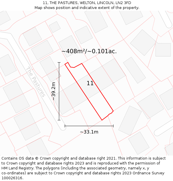 11, THE PASTURES, WELTON, LINCOLN, LN2 3FD: Plot and title map