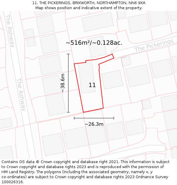 11, THE PICKERINGS, BRIXWORTH, NORTHAMPTON, NN6 9XA: Plot and title map