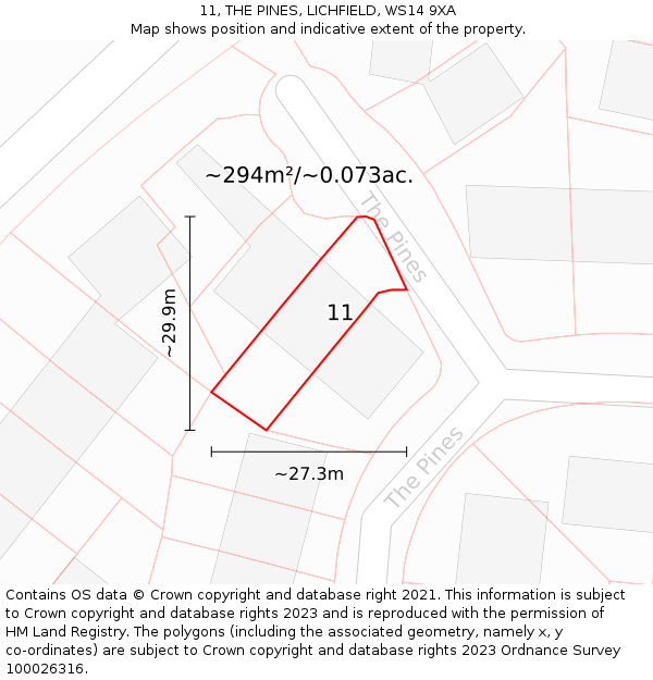 11, THE PINES, LICHFIELD, WS14 9XA: Plot and title map