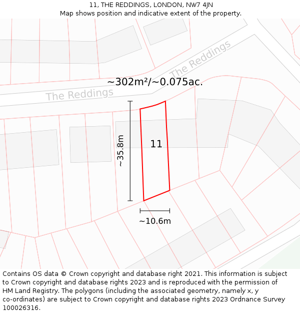 11, THE REDDINGS, LONDON, NW7 4JN: Plot and title map