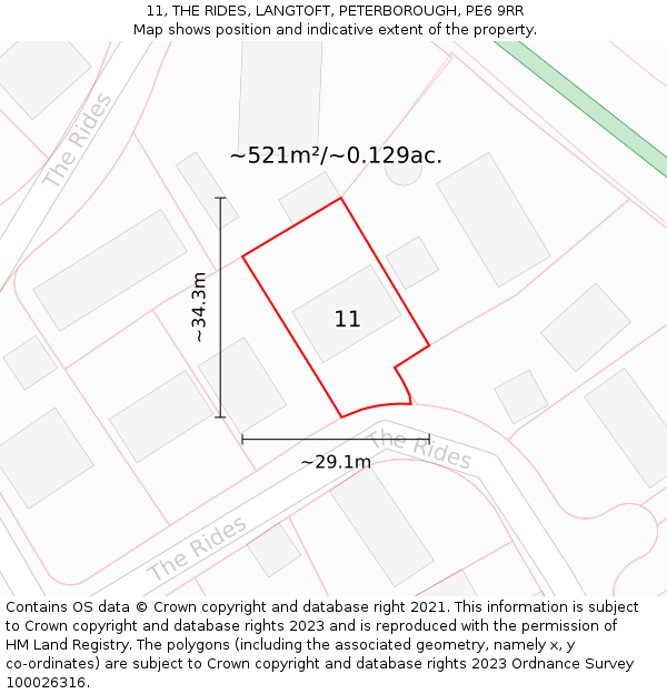 11, THE RIDES, LANGTOFT, PETERBOROUGH, PE6 9RR: Plot and title map
