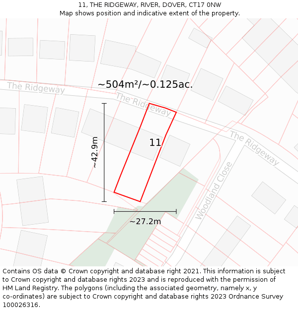 11, THE RIDGEWAY, RIVER, DOVER, CT17 0NW: Plot and title map