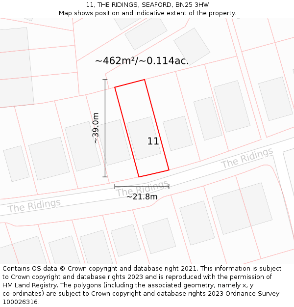 11, THE RIDINGS, SEAFORD, BN25 3HW: Plot and title map