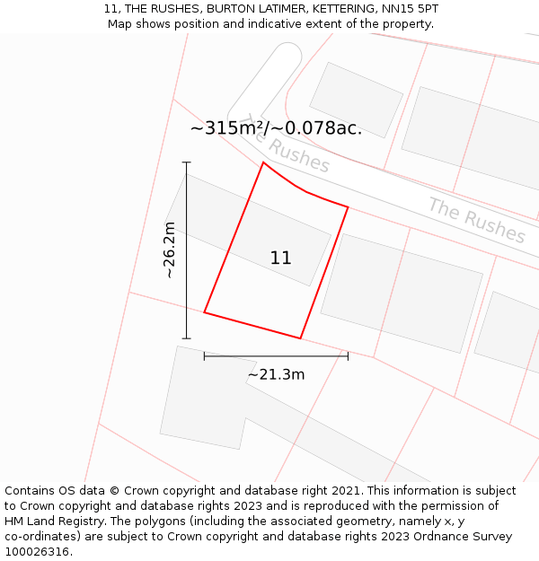 11, THE RUSHES, BURTON LATIMER, KETTERING, NN15 5PT: Plot and title map