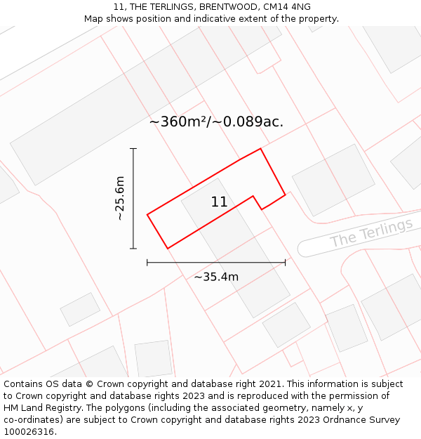 11, THE TERLINGS, BRENTWOOD, CM14 4NG: Plot and title map