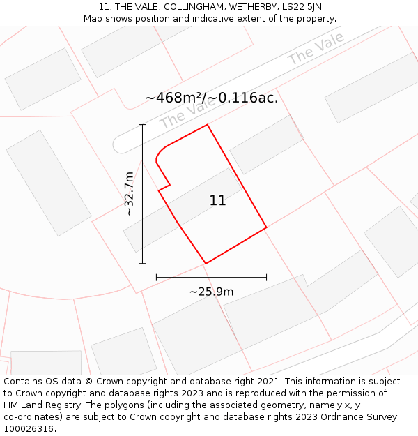 11, THE VALE, COLLINGHAM, WETHERBY, LS22 5JN: Plot and title map
