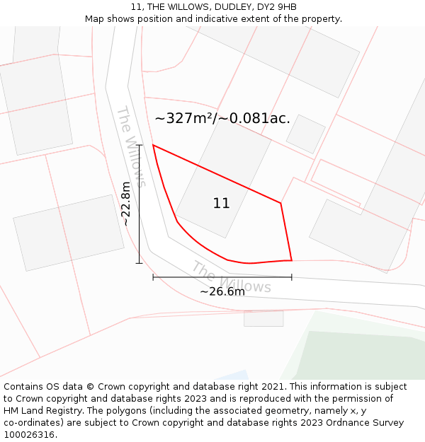 11, THE WILLOWS, DUDLEY, DY2 9HB: Plot and title map
