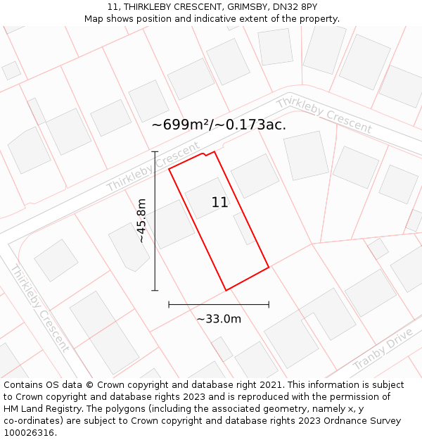 11, THIRKLEBY CRESCENT, GRIMSBY, DN32 8PY: Plot and title map