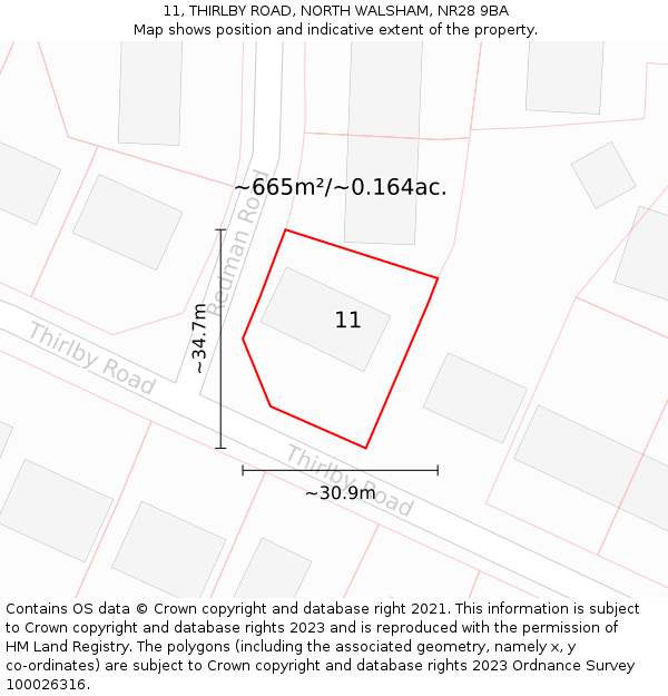 11, THIRLBY ROAD, NORTH WALSHAM, NR28 9BA: Plot and title map