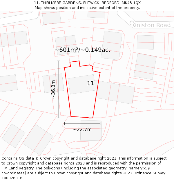 11, THIRLMERE GARDENS, FLITWICK, BEDFORD, MK45 1QX: Plot and title map