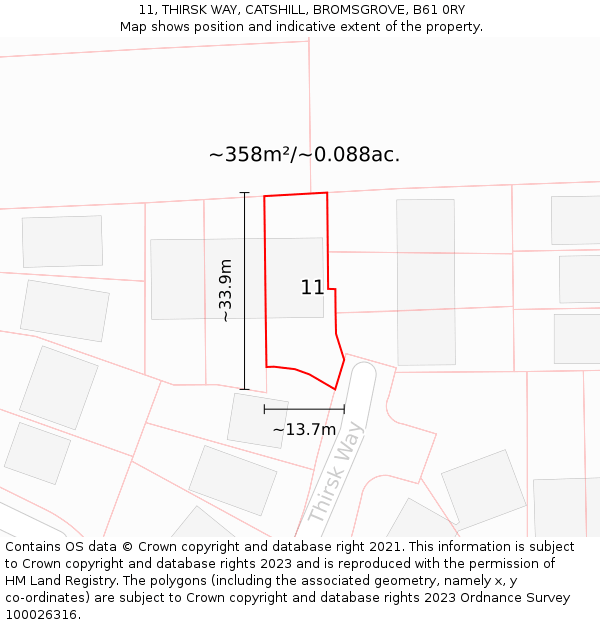 11, THIRSK WAY, CATSHILL, BROMSGROVE, B61 0RY: Plot and title map