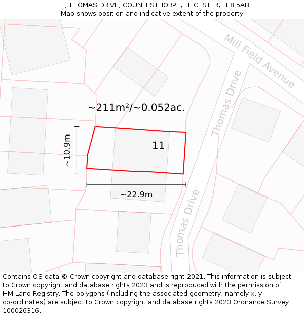 11, THOMAS DRIVE, COUNTESTHORPE, LEICESTER, LE8 5AB: Plot and title map