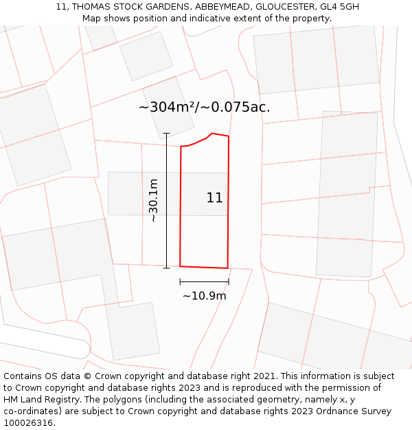 11, THOMAS STOCK GARDENS, ABBEYMEAD, GLOUCESTER, GL4 5GH: Plot and title map