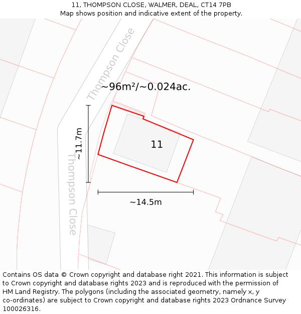 11, THOMPSON CLOSE, WALMER, DEAL, CT14 7PB: Plot and title map