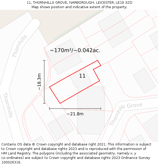 11, THORNHILLS GROVE, NARBOROUGH, LEICESTER, LE19 3ZD: Plot and title map