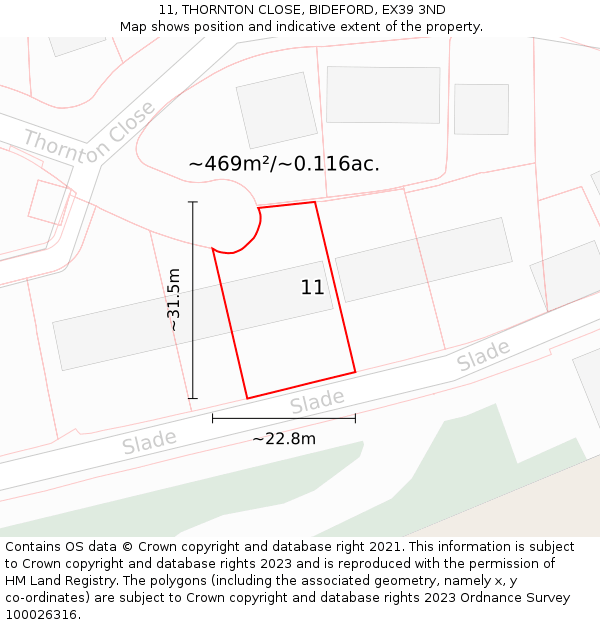 11, THORNTON CLOSE, BIDEFORD, EX39 3ND: Plot and title map