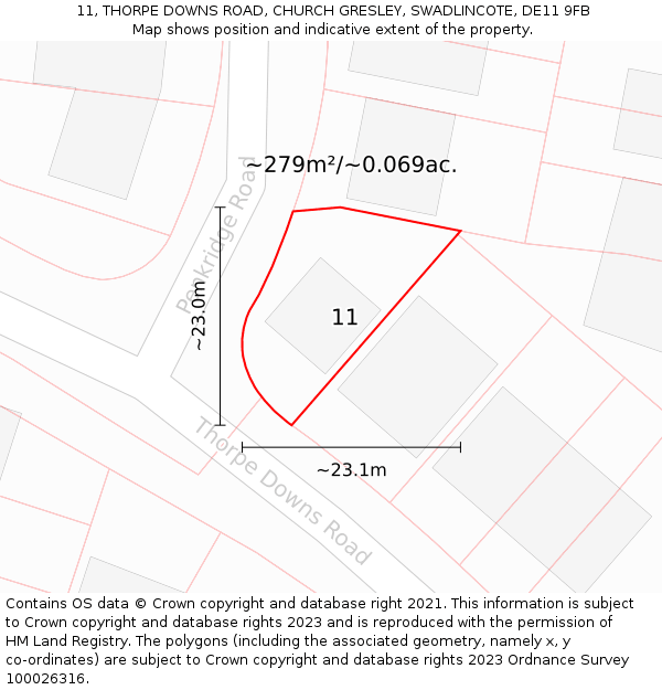 11, THORPE DOWNS ROAD, CHURCH GRESLEY, SWADLINCOTE, DE11 9FB: Plot and title map