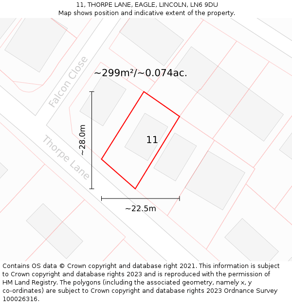 11, THORPE LANE, EAGLE, LINCOLN, LN6 9DU: Plot and title map