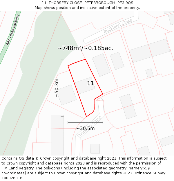 11, THORSEBY CLOSE, PETERBOROUGH, PE3 9QS: Plot and title map