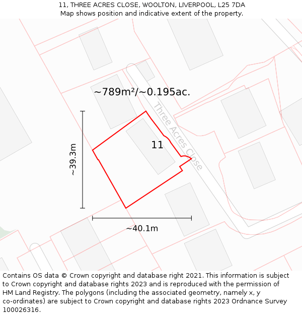 11, THREE ACRES CLOSE, WOOLTON, LIVERPOOL, L25 7DA: Plot and title map