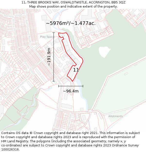 11, THREE BROOKS WAY, OSWALDTWISTLE, ACCRINGTON, BB5 3QZ: Plot and title map