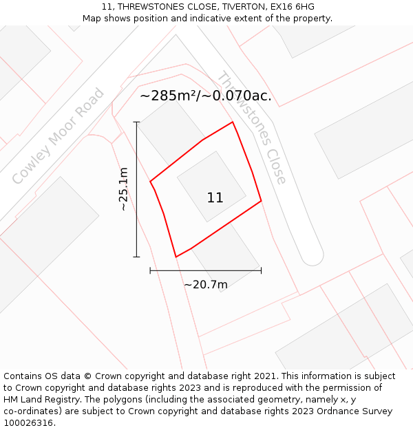 11, THREWSTONES CLOSE, TIVERTON, EX16 6HG: Plot and title map
